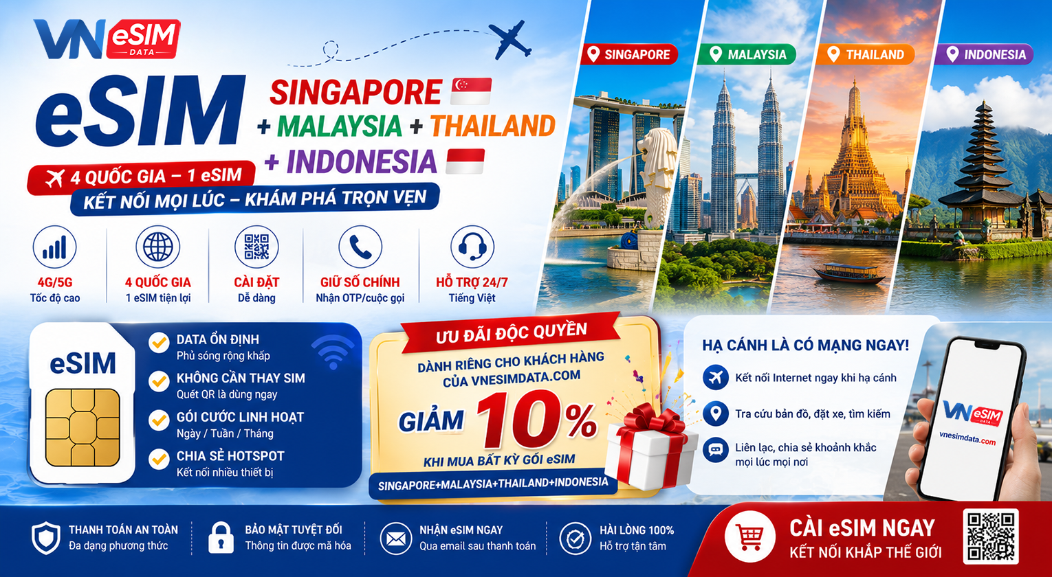 eSIM 5 Nước Đông Nam Á – Singapore, Malaysia, Thái Lan, Indonesia & Việt Nam